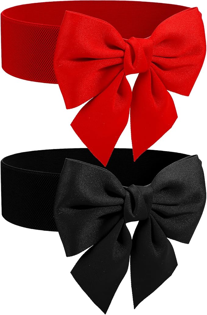 2 件女式蝴蝶结复古腰带蝴蝶结宽弹性松紧腰带红色黑色蝴蝶结结休闲